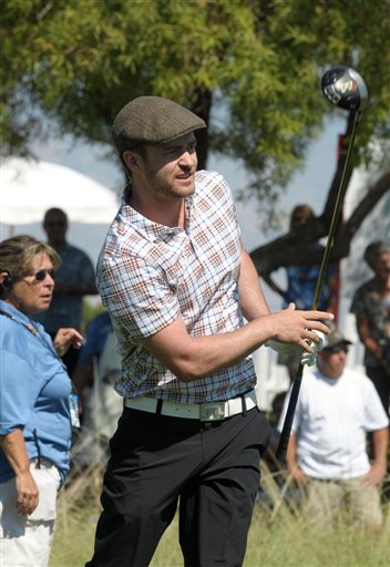Justin Timberlake tees off during the Pro-Am of the Justin Timberlake Shriners Hospital for Children Open in Las Vegas.